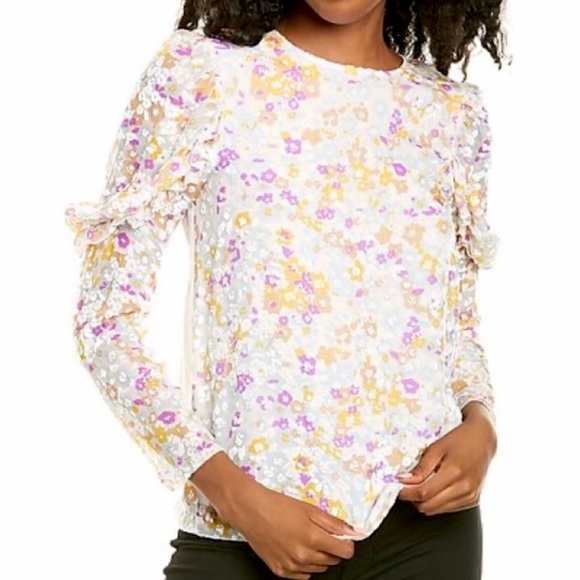 SEE BY CHLOÉ • Multicolor Floral Velvet Burnout Ruffle Long Sleeve Silk Blouse - Picture 10 of 16